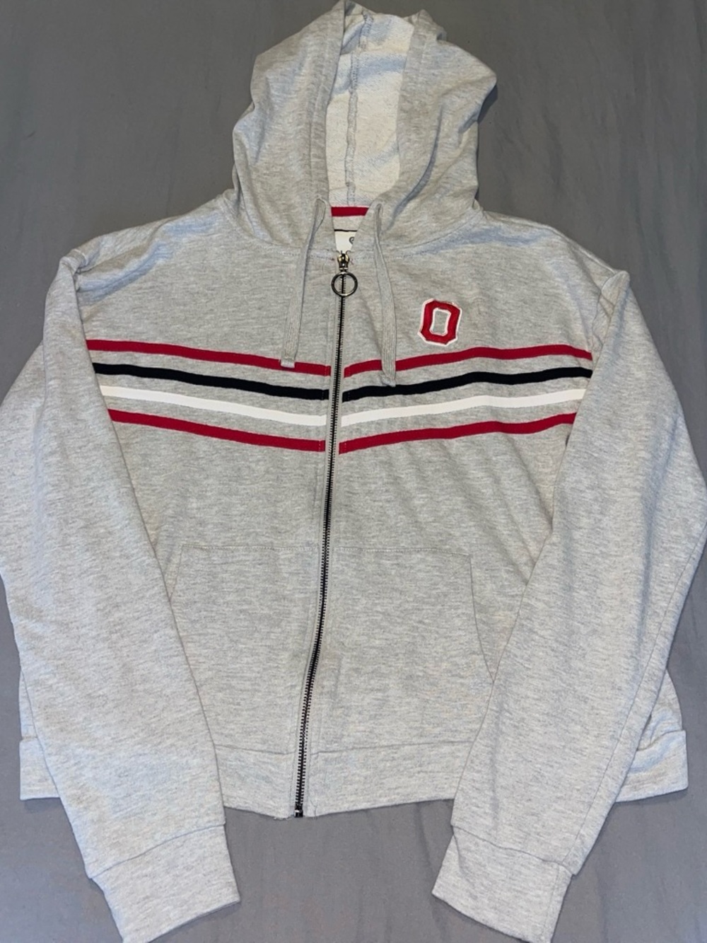 Colosseum Gray Zip Hoodie with Red, Black and White Chest Stripes